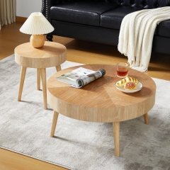 Contemporary Oak Veneer Round Accent Table Set with Waterproof Surface for Apartment