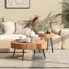 Modern Rustic Round Accent Table Set with Realistic Wood Grain for Apartment