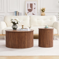 Contemporary Walnut Fluted Round Accent Table Set with Anti-Scratch Base for Apartment