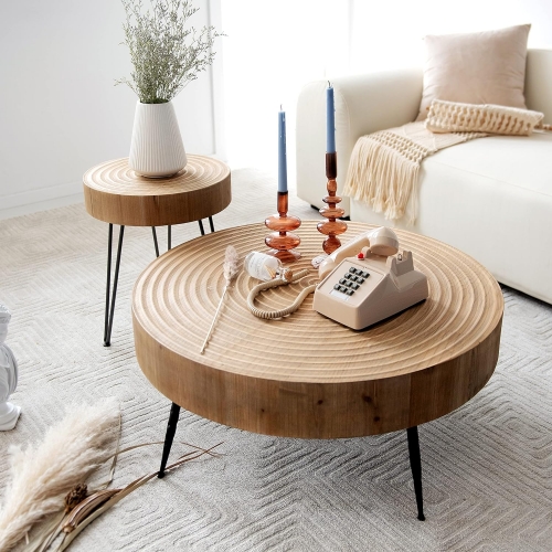 31.5" Round Wood Veneer Nesting Table with Hairpin Legs for Living Room