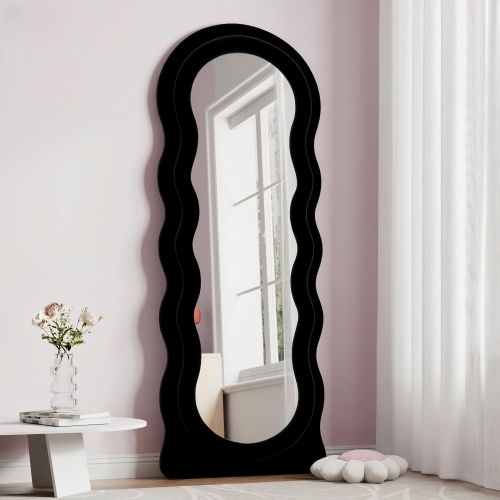 Boho Wavy Art Standing Mirror with Sponge Filled Flannel Frame for Bedroom