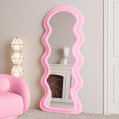 Boho Wavy Art Standing Mirror with Soft Flannel Frame for Entryway and Living Room