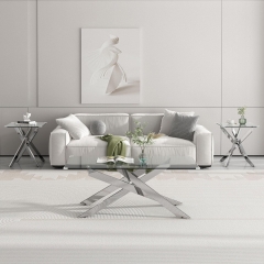 3 Piece Modern Tempered Glass Coffee Table and End Table Set with X-Shaped Metal Legs