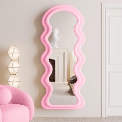 Boho Wavy Art Standing Mirror with Soft Flannel Frame for Entryway and Living Room