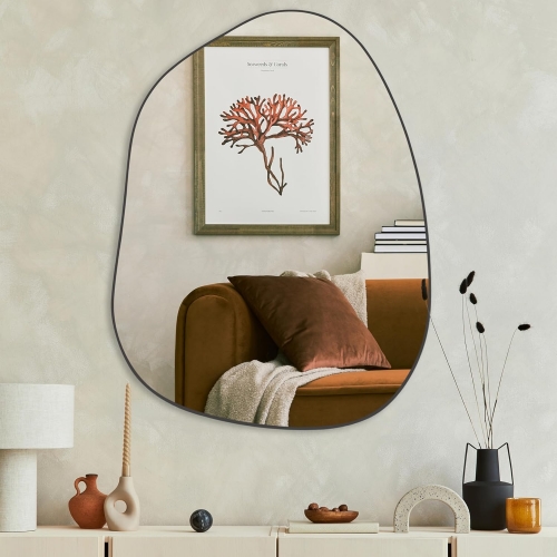 Modern Asymmetrical Black Wall Mirror with Sturdy Wood Frame for Bathroom Vanity