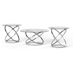 Sleek Chrome-Tone Metal and Tempered Glass Living Room Table Set with 3 Pieces