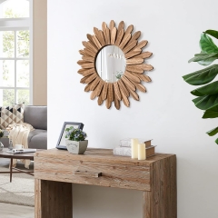 Handcrafted Natural Wood Sunflower Shaped Wall Mirror for Boho Entryway and Fireplace