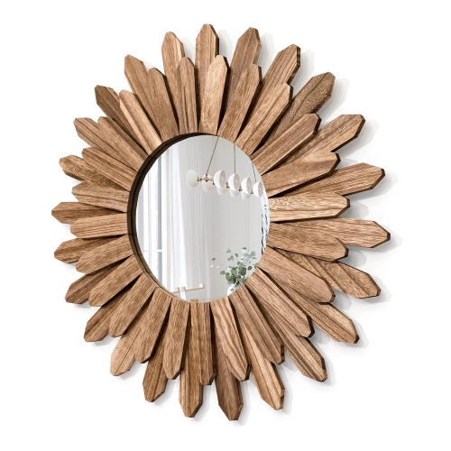 Handcrafted Natural Wood Sunflower Shaped Wall Mirror for Boho Entryway and Fireplace