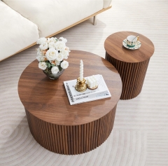 Contemporary Walnut Fluted Round Accent Table Set with Anti-Scratch Base for Apartment