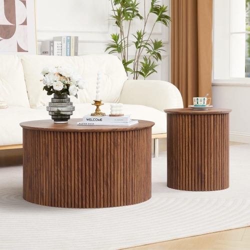 Contemporary Walnut Fluted Round Accent Table Set with Anti-Scratch Base for Apartment