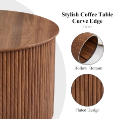 Contemporary Walnut Fluted Round Accent Table Set with Anti-Scratch Base for Apartment