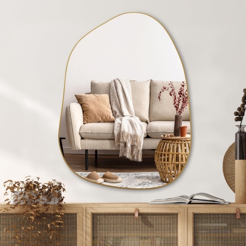 Boho Irregular Gold Wall Mirror with Versatile Hanging Options for Home Decor