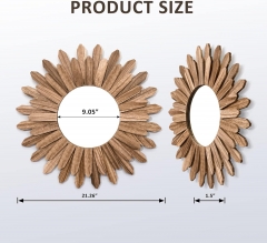Handcrafted Natural Wood Sunflower Shaped Wall Mirror for Boho Entryway and Fireplace