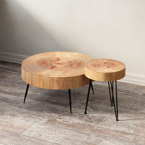 Modern Rustic Round Accent Table Set with Realistic Wood Grain for Apartment