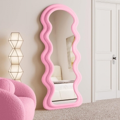 Boho Wavy Art Standing Mirror with Soft Flannel Frame for Entryway and Living Room