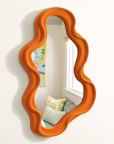 16x10 Inch Funky Orange Wavy Mirror with Soft Flocked Frame for Living Room Decor