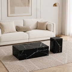 Modern Rectangular Marble Veneer Coffee Table and Square Pedestal End Table Bundle