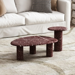 2-Piece Rosso Levanto Marble Pattern Coffee & Side Table Set with Organic Design
