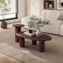 2-Piece Rosso Levanto Marble Pattern Coffee & Side Table Set with Organic Design