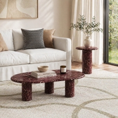 2-Piece Rosso Levanto Marble Pattern Coffee & Side Table Set with Organic Design