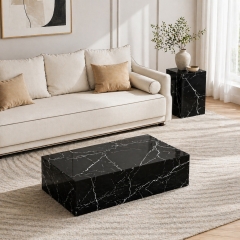 Modern Rectangular Marble Veneer Coffee Table and Square Pedestal End Table Bundle