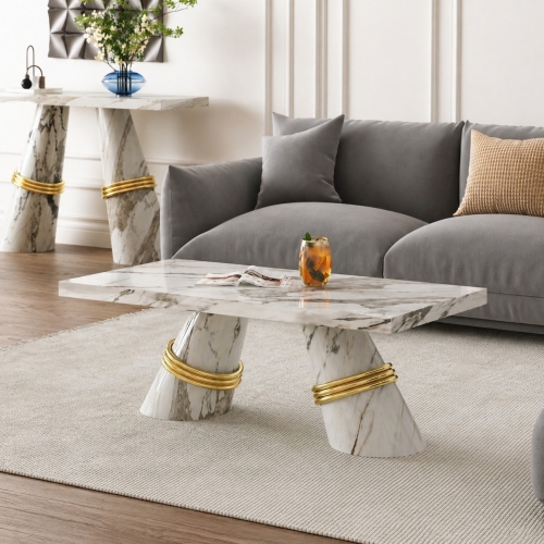 3-Piece Marble Coffee, Console & Dining Table Set with Gold Accent Rings