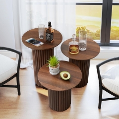 Modern Fluted Round Nesting Side Table Set Walnut Finish for Living Room