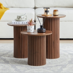 Modern Fluted Round Nesting Side Table Set Walnut Finish for Living Room
