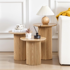 Sleek Natural Oak Fluted Nesting Accent Table Set for Home Decor