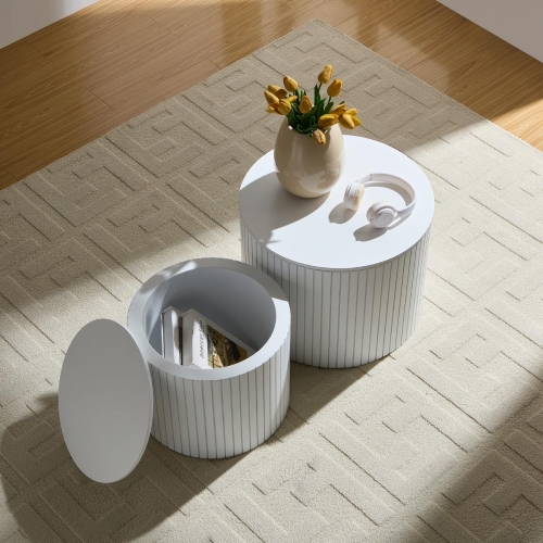 Sleek White Round Fluted Storage Coffee Table Set for Home