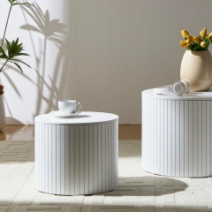 Sleek White Round Fluted Storage Coffee Table Set for Home