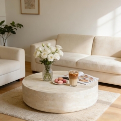 Minimalist Low Profile Coffee Table Travertine Look Fiberglass for Apartment