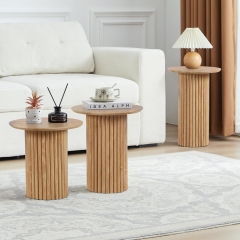 Sleek Natural Oak Fluted Nesting Accent Table Set for Home Decor