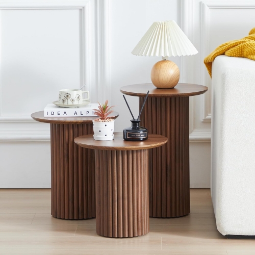 Modern Fluted Round Nesting Side Table Set Walnut Finish for Living Room