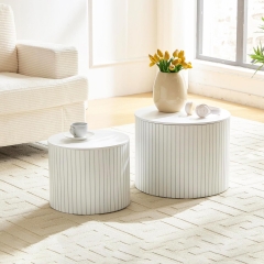 Sleek White Round Fluted Storage Coffee Table Set for Home