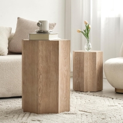 Modern Hexagonal Nesting Side Table Set Natural Wood Finish for Living Room