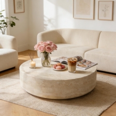 Minimalist Low Profile Coffee Table Travertine Look Fiberglass for Apartment