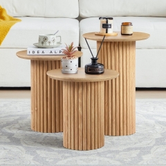 Sleek Natural Oak Fluted Nesting Accent Table Set for Home Decor