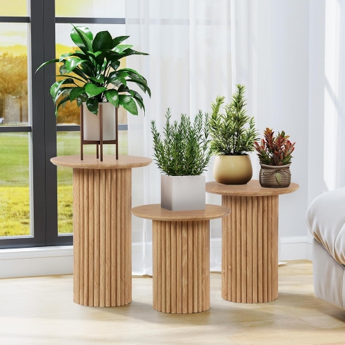 Sleek Natural Oak Fluted Nesting Accent Table Set for Home Decor