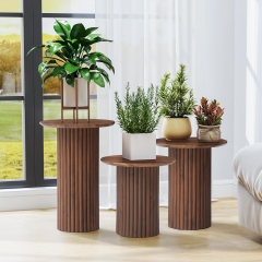 Modern Fluted Round Nesting Side Table Set Walnut Finish for Living Room