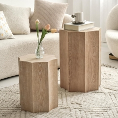 Modern Hexagonal Nesting Side Table Set Natural Wood Finish for Living Room