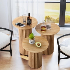 Sleek Natural Oak Fluted Nesting Accent Table Set for Home Decor