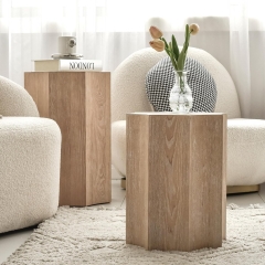 Modern Hexagonal Nesting Side Table Set Natural Wood Finish for Living Room