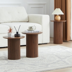 Modern Fluted Round Nesting Side Table Set Walnut Finish for Living Room