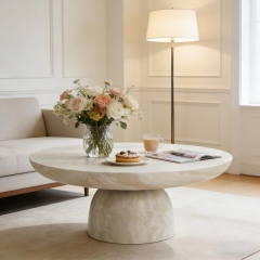 Contemporary Round Pedestal Coffee Table with Natural Stone Finish
