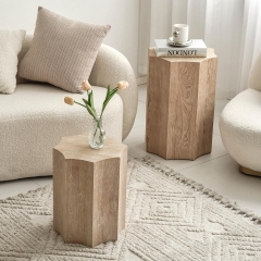 Modern Hexagonal Nesting Side Table Set Natural Wood Finish for Living Room