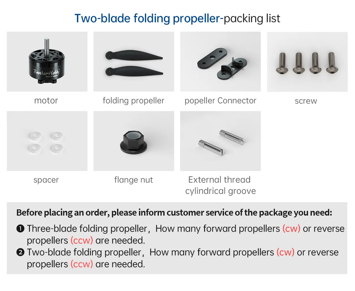 BrotherHobby Avenger 4215 Motor. The packing list includes a motor. folding propeller. connector. screws. spacers. flange nut. and external thread cylindrical groove for a two-blade propeller.