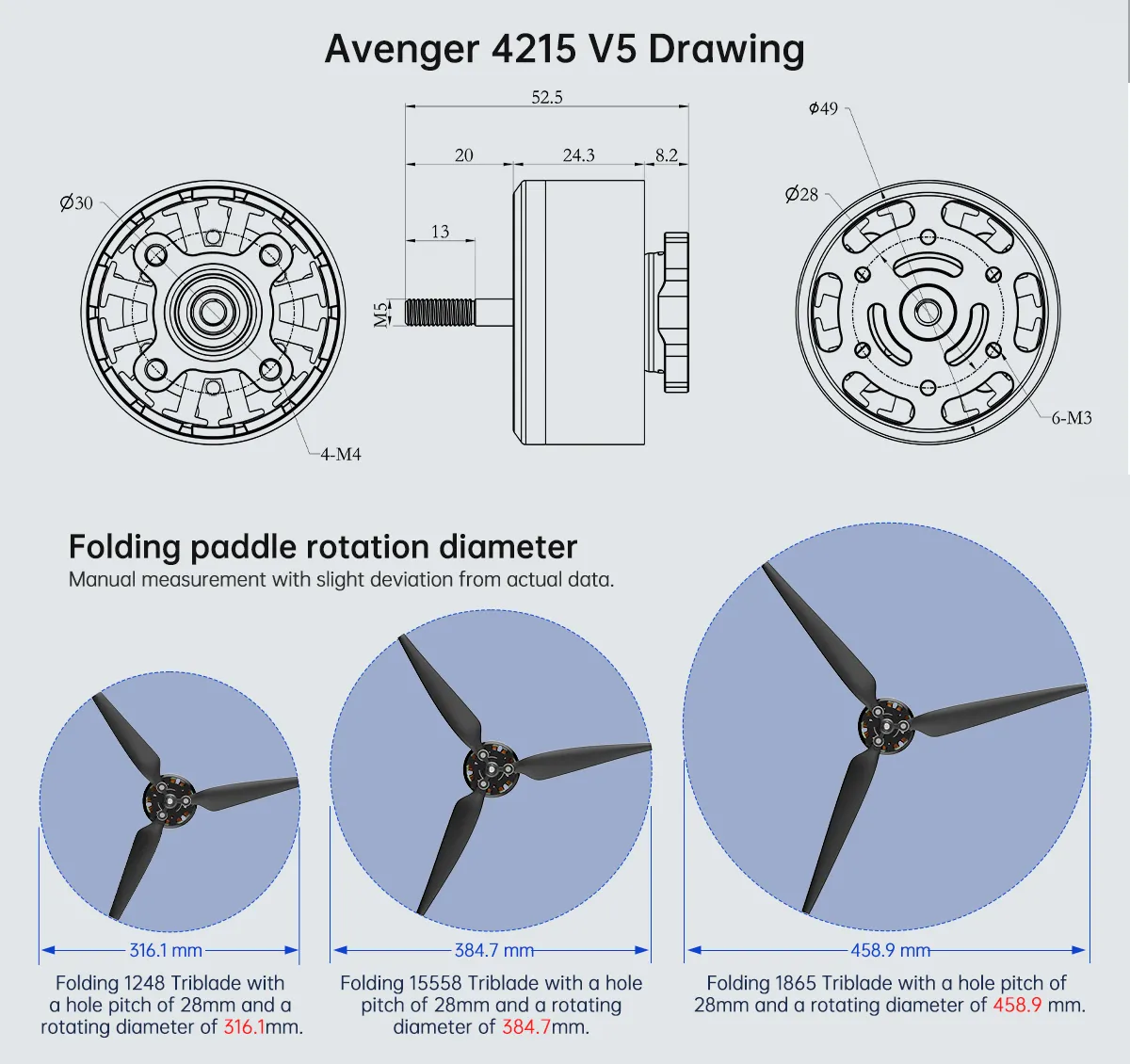 BrotherHobby Avenger 4215 Motor. The Avenger 4215 V5 motor has dimensions and specs. including three propeller options with different diameters.