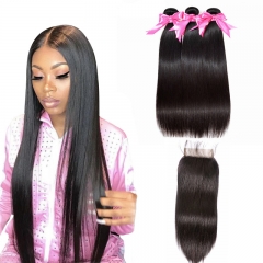 3 Bundles Straight Hair Weft With Lace Closure Transparent Human Hair