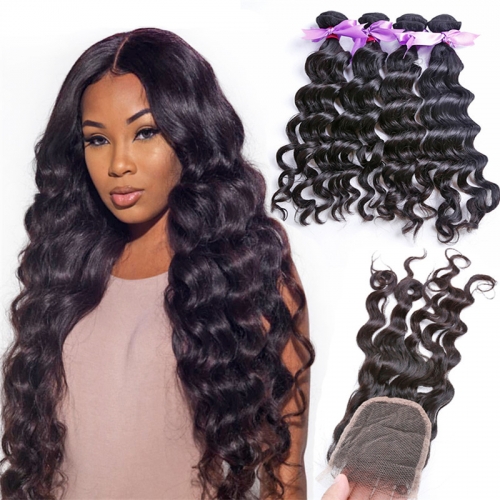 4 Bundles Natural Wave Wavy Hair Weft With Transparent Lace Closure Natural Black Color No Chemical